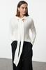 Women's Elegance Style Sweater Ecru Soft Textured Ribbon Bow Loose Knit Knitwear Sweater