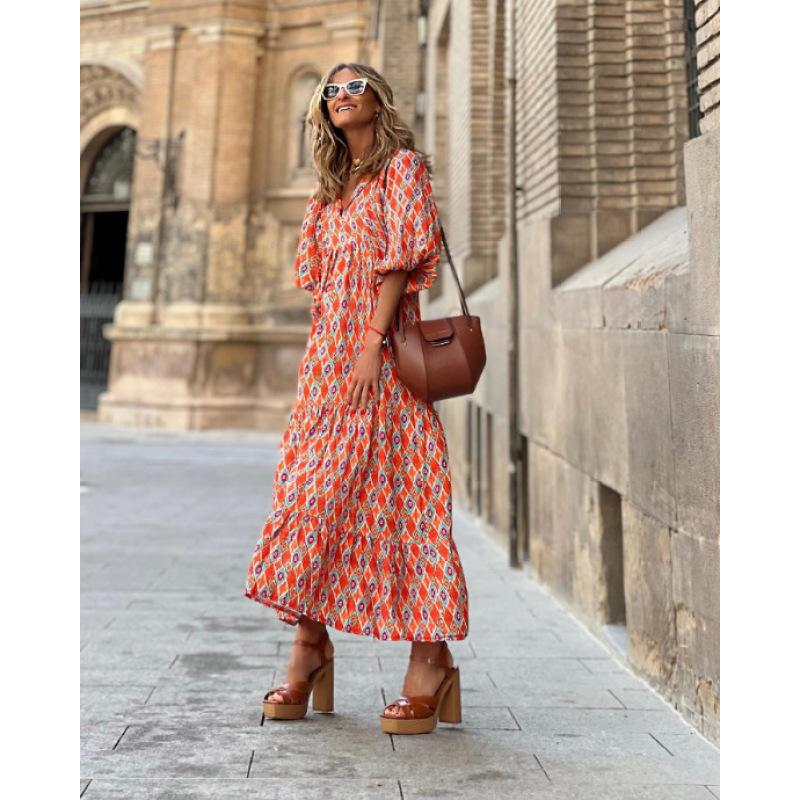 Модный дизайн, женское длинное платье с принтом, свободное платье макси с пышными рукавами в стиле бохо, женская одежда