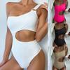 Stylish Women Swimsuit Padded Off Shoulders Bodysuit Pure Color Openwork Bikini Beachwear