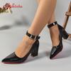 Fashion Aphixta Super Big Size 51 52 53 Patent Leather 7cm Chunky Heels Official Pumps 2cm Belt Buckle Pointed Toe Women Black Shoes