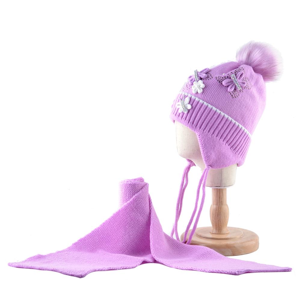 Warm Hats And Scarf Set For Girls Winter Knitted Lovely Kids Beanies With Imitation Fur Pompom Child