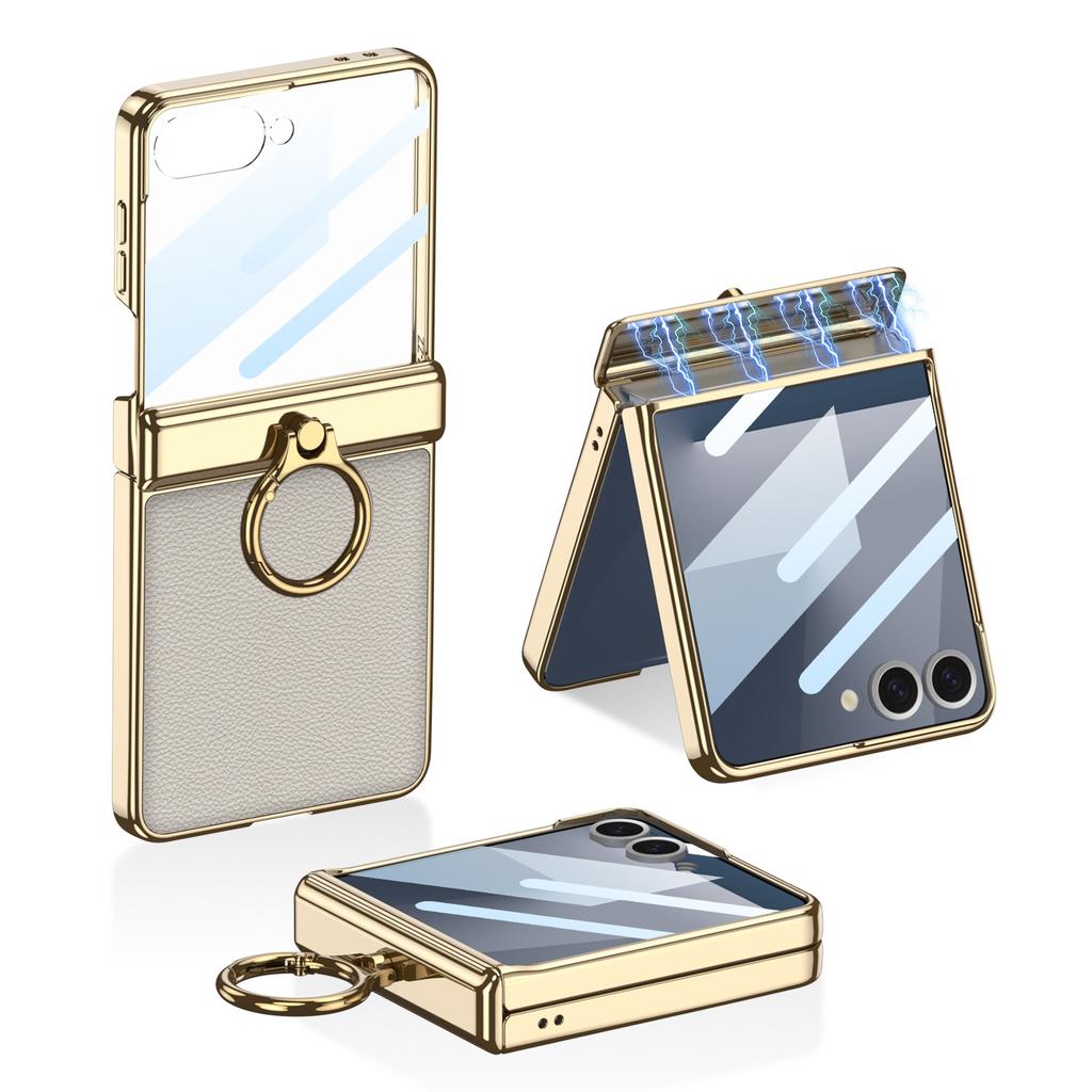 Suitable for Samsung Z Flip7 Mobile Phone Case Magnetic Folding Hinge Plain Leather Pc Electroplate Finger Ring Holder Shell Film Full Packaging
