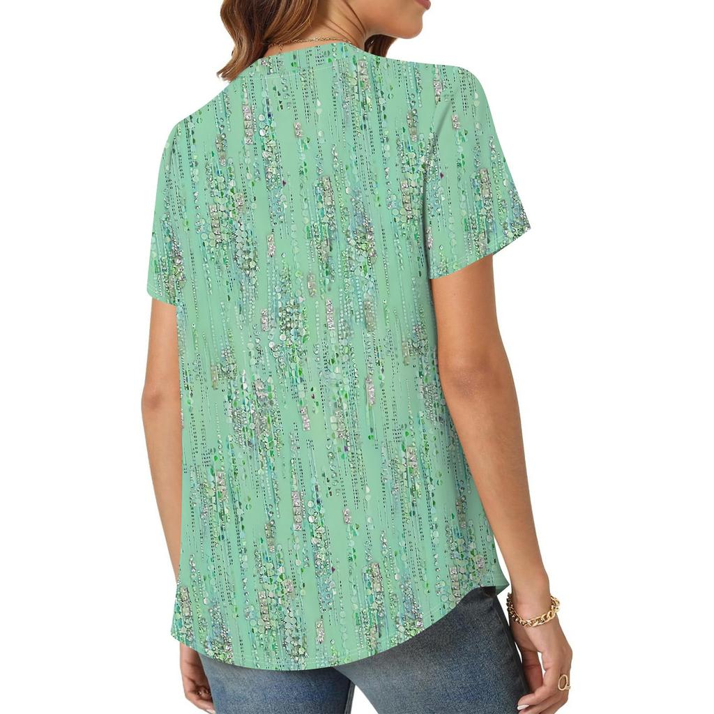 Женская повседневная свободная футболка с коротким рукавом и v-образным вырезом на груди, плиссированная свободная футболка с принтом, топ