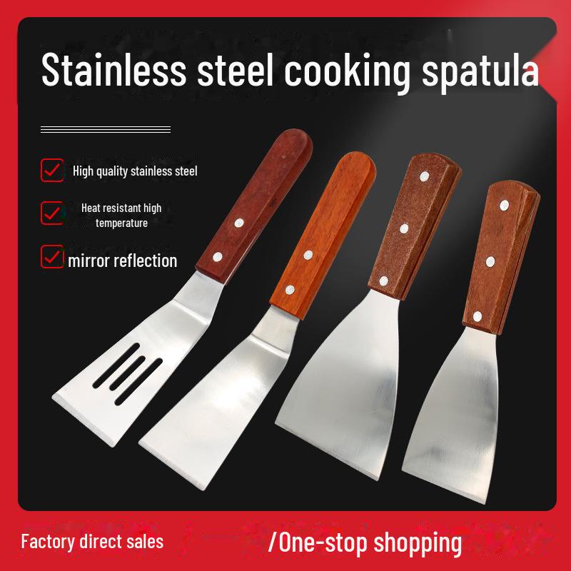 Лопатка для теппаньяки и пиццы из нержавеющей стали с деревянной ручкой, идеально подходит для стейков и кухонных приспособлений, имеет прорезной и наклонный дизайн.