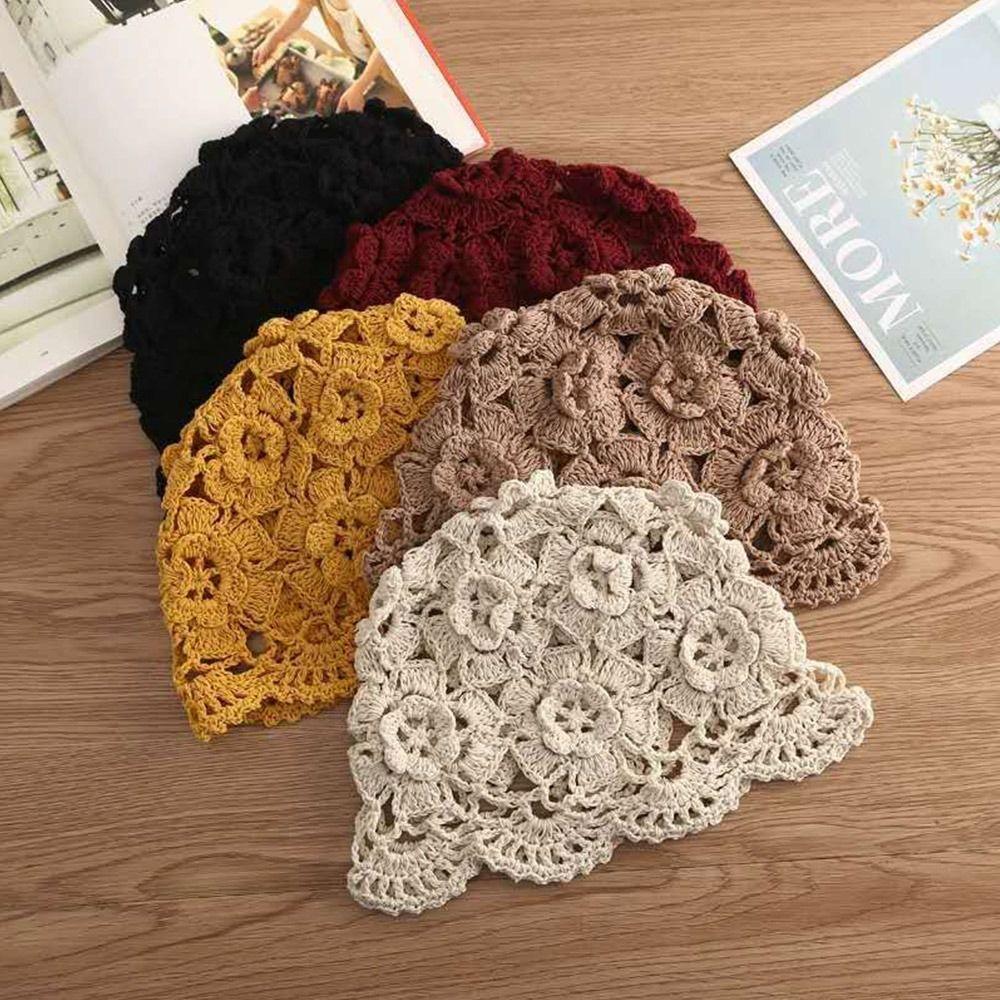 Flowers Knitted Hat Hollowed Out Beret Cap Breathable Baotou Hat for Women