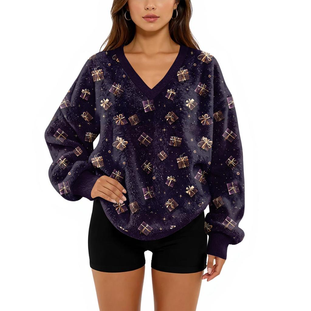 Women's V-Neck Sweatshirt Plush Solid Color Casual Fashion Long Sleeve With Pocketed Pullover Top