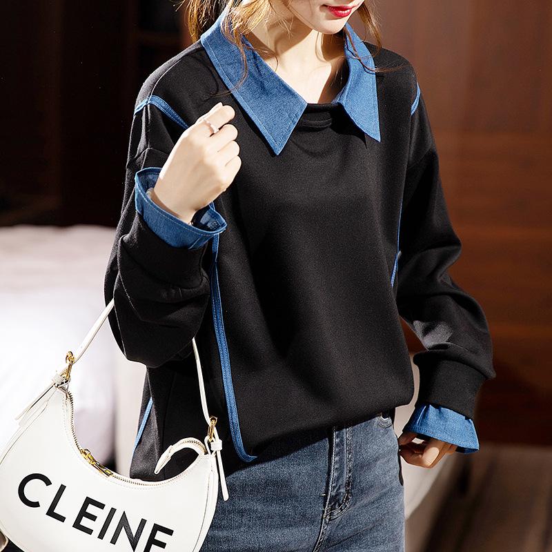 Женская толстовка без капюшона: Мода осень/зима 2023 года, свободный крой, модный длинный рукав, имитация двухкомпонентного костюма, большой размер.