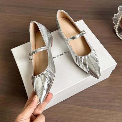 2024 Новые туфли Мэри Джейн с острым носком, увеличивающие рост, ретро-туфли на среднем толстом каблуке для женщин, кожаные туфли, повседневные балетки