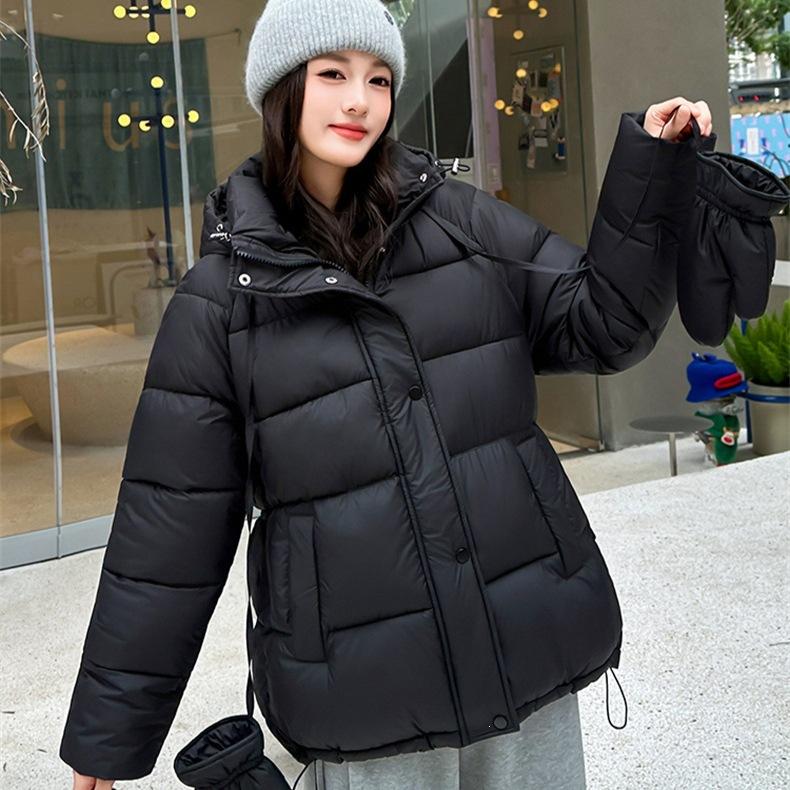 Export women's large twill hooded cotton-padded clothes, waist belt, medium and long styles, small people to keep warm