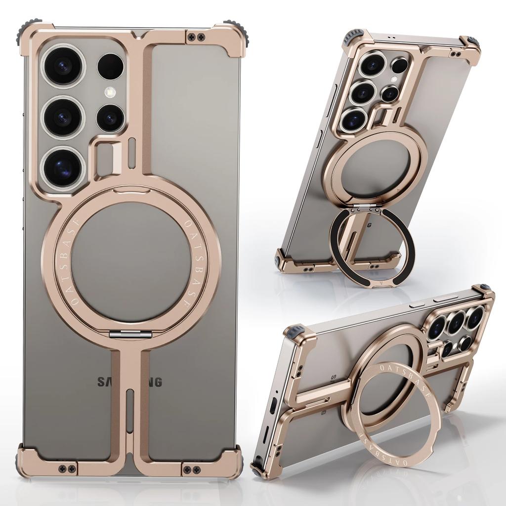 Oatsbasf Frameless Phone Case for Samsung Galaxy S25 Ultra with Ring Stand 360° Rotatable Magnetic Phone Cover Shockproof Bumper