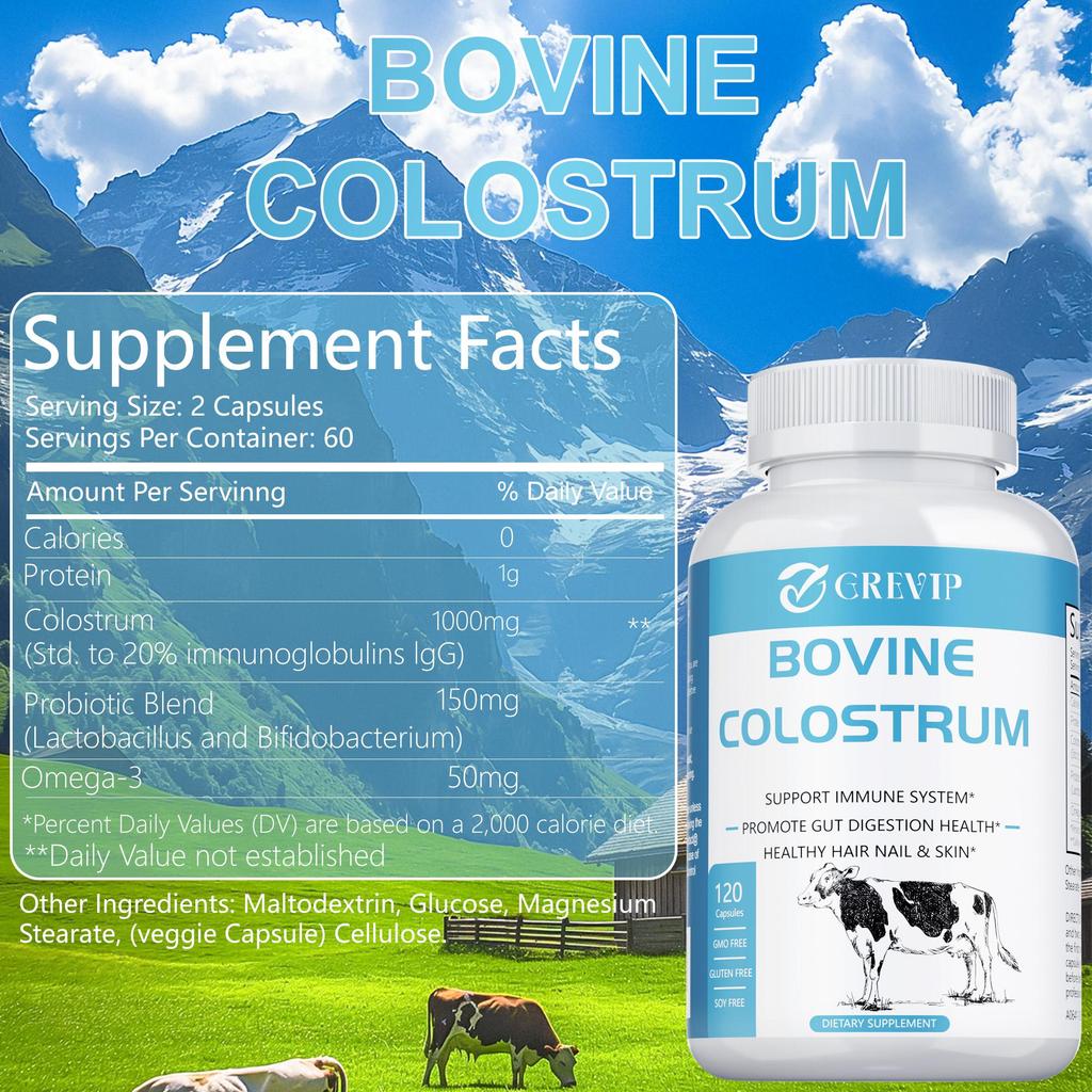 Bovine colostrum dietary capsules, high purity, immunoglobulins, boosts immunity, suitable for adults.
