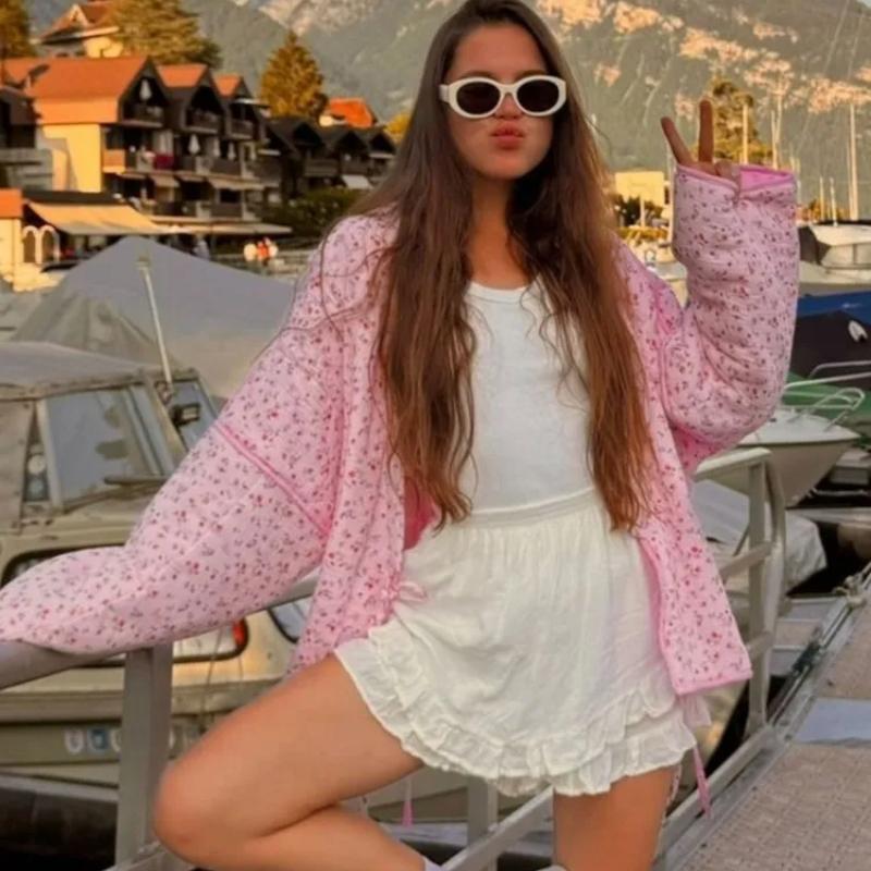 Женское милое повседневное хлопковое пальто с V-образным вырезом на шнуровке с цветочным принтом и длинными рукавами, куртка осень-зима, свободная теплая верхняя одежда