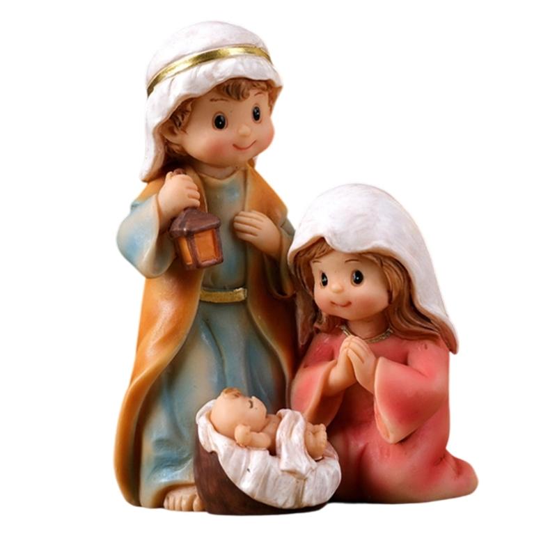 Cartoon Miniature Nativity Scene Statue Religious Home Decors Resins Holy Family Figurine For Christmas Celebration