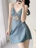 Sexy pajamas ice silk suspender nightgown women's autumn and winter 1011 new pure desire wind with chest pad lace back nightgown