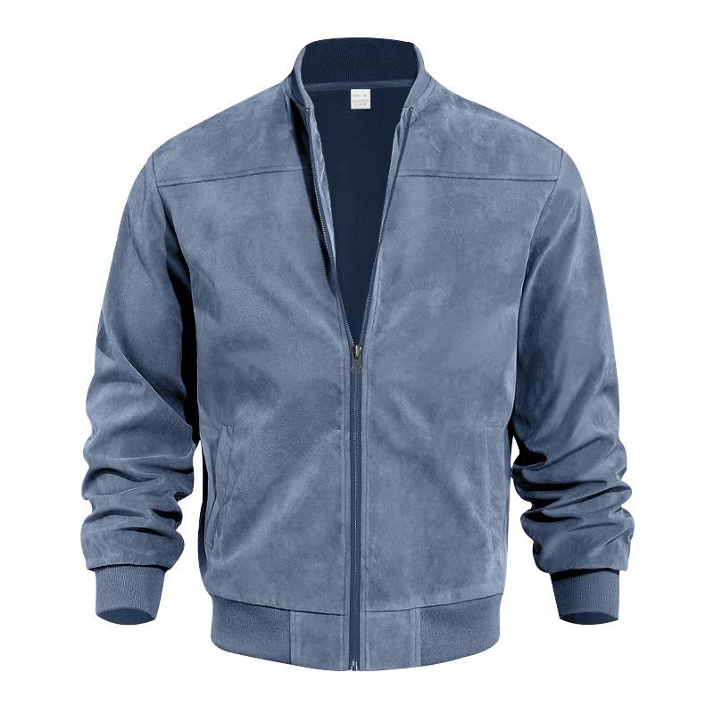Men Suede Zip Up Jacket Long Sleeve Stand Collar Solid Color Casual Punk Style