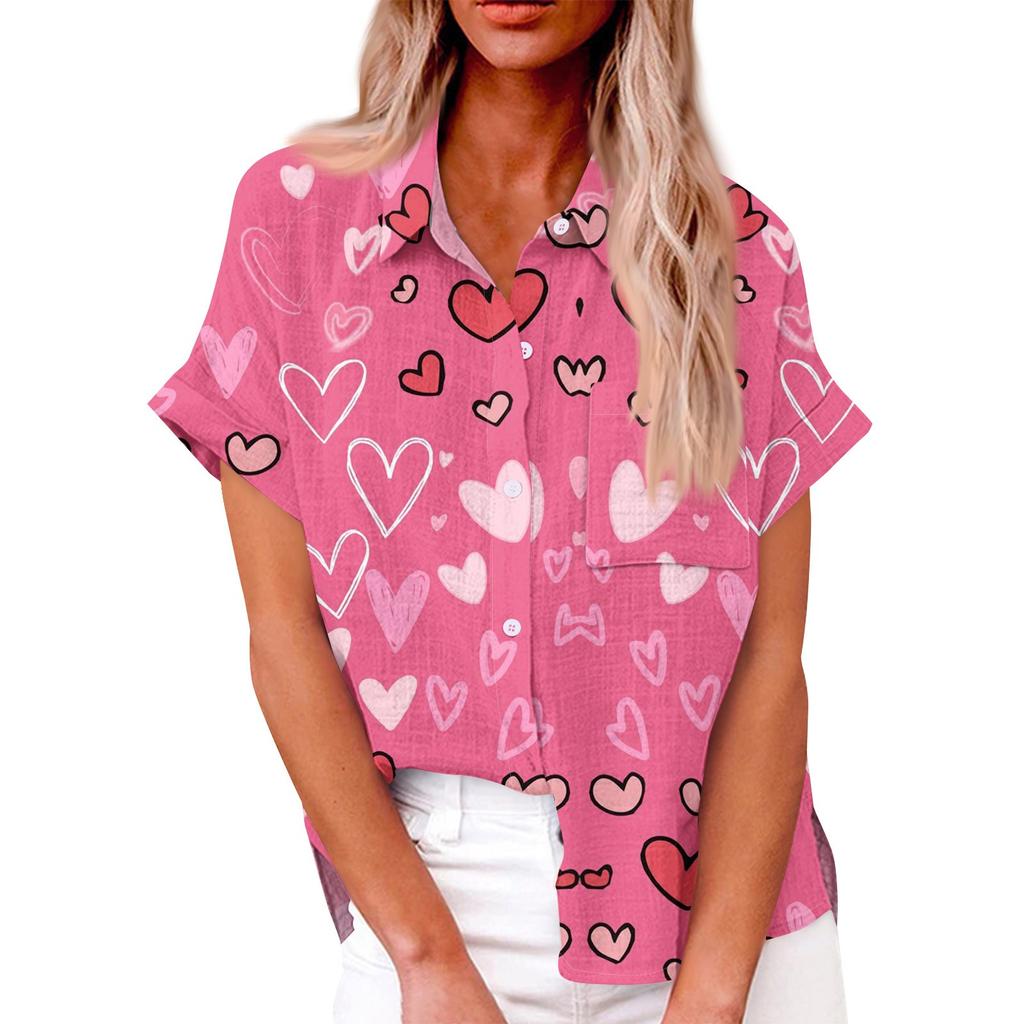 Женская свободная повседневная рубашка с короткими рукавами и отворотом с цифровым принтом и карманом