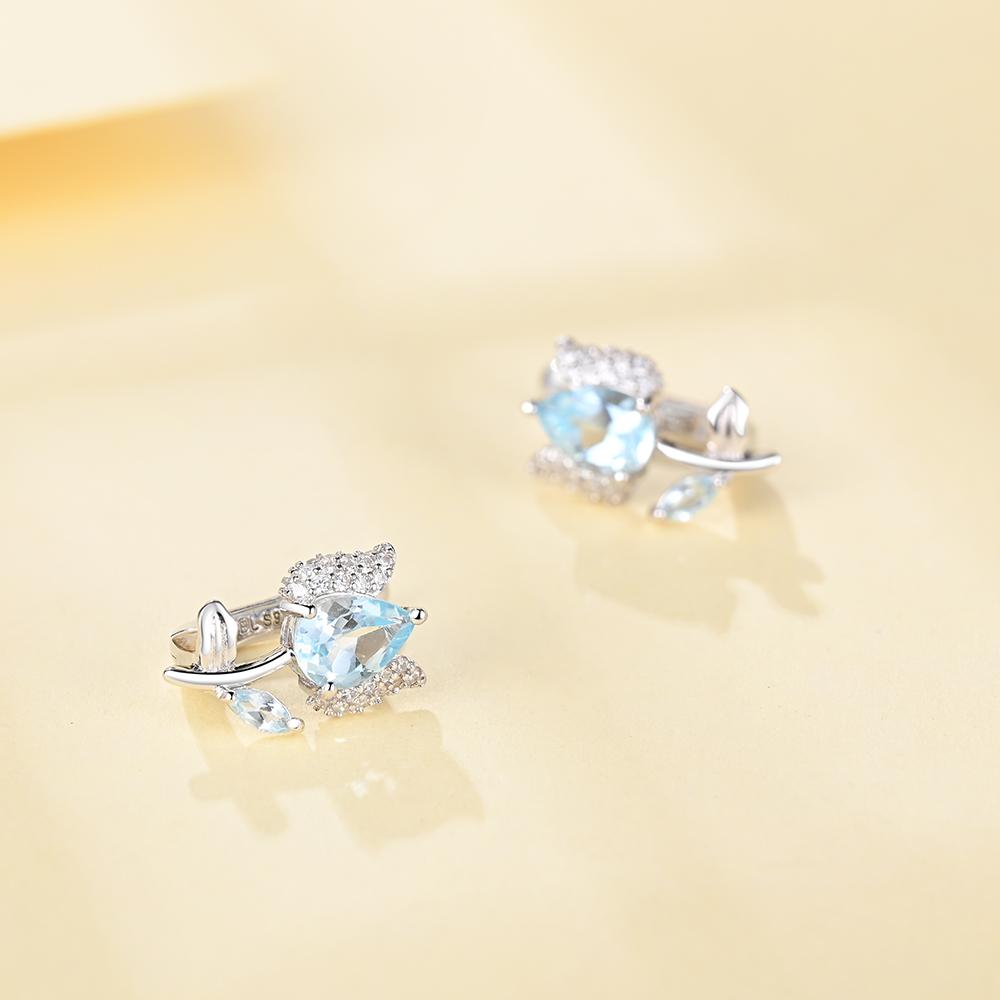 Серьги-клипсы с цветком розы, серебро 925 пробы, небесно-голубой топаз, драгоценные камни, изысканные украшения для девочек, дочери, хороший подарок на выпускной на день рождения