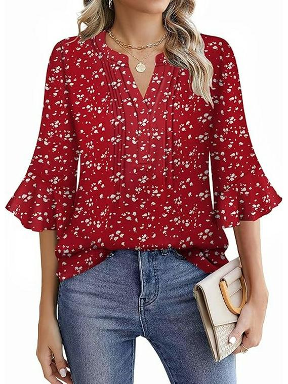 Шифоновая блузка Lotus Leaf 2025 с V-образным вырезом - Однотонная, с рукавами три четверти, Повседневная, свободного кроя