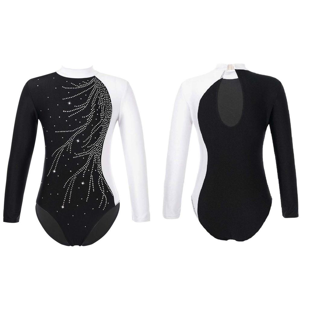 Girls Kids Sparkly Rhinestones Gymnastic Leotard Long Sleeve Ballet Dance Athletic Workout Bodysuit Unitard