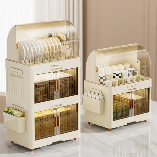 Штабелируемый ящик для хранения посуды, многоярусный органайзер для столовой посуды с прозрачной крышкой, дверцами, крючками, контейнеры для хранения тарелок, чашек, с поддоном для слива