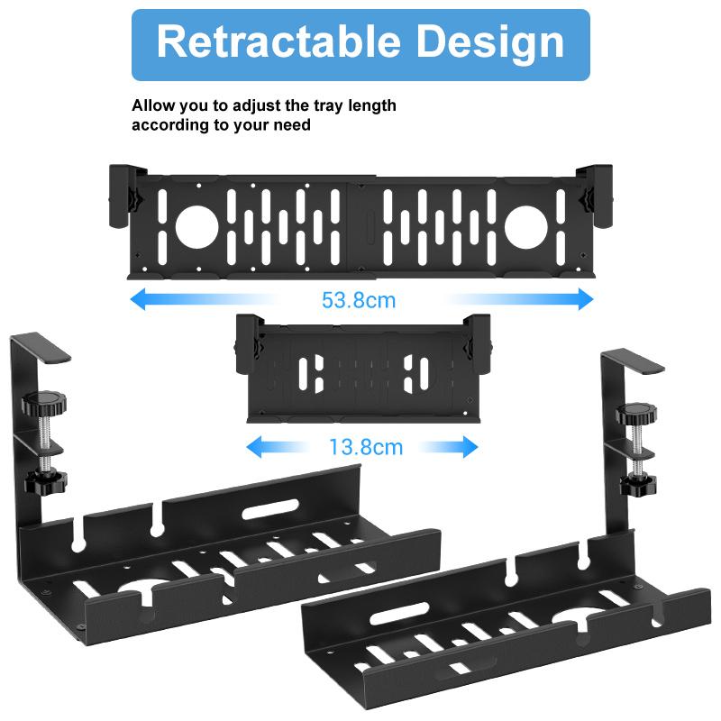 Under Desk Cable Management Tray Retractable Cord Organizer No Drill Wire Organizer Cable Holder Tray with Clamp Metal Basket