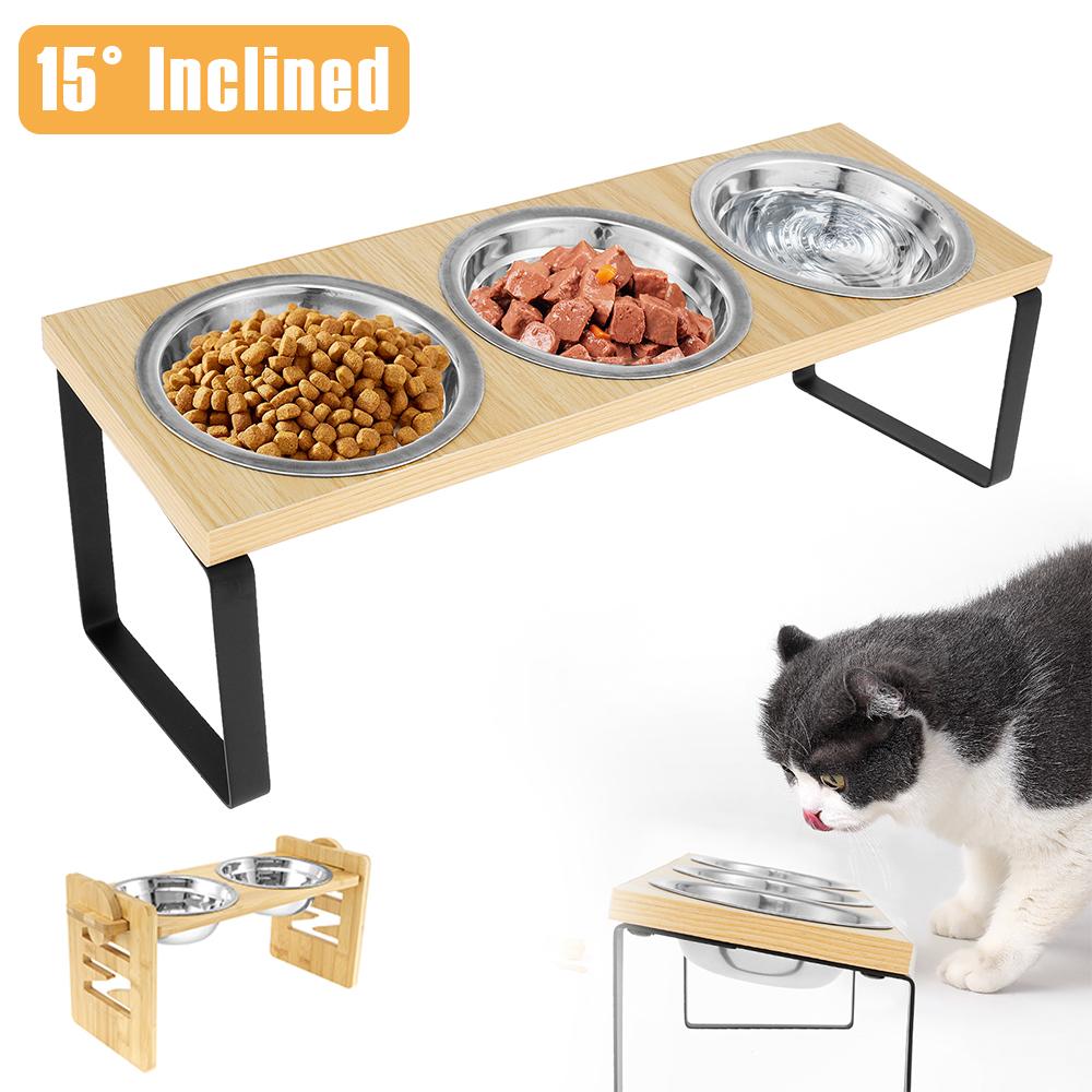 Приподнятые миски для кошек с наклоном 15°, деревянная кормушка для домашних животных с 3 мисками из нержавеющей стали, непротекающая миска для еды и воды для щенков и кошек