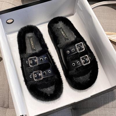 TX-4 Двубортные на плоской подошве домашние с толстой подошвой пушистая верхняя одежда пушистые тапочки женские осень и зима~