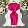 Summer Women Elegant Ruffle Metal Button Office Work Knitted Sheath Sweater Mini Dresses