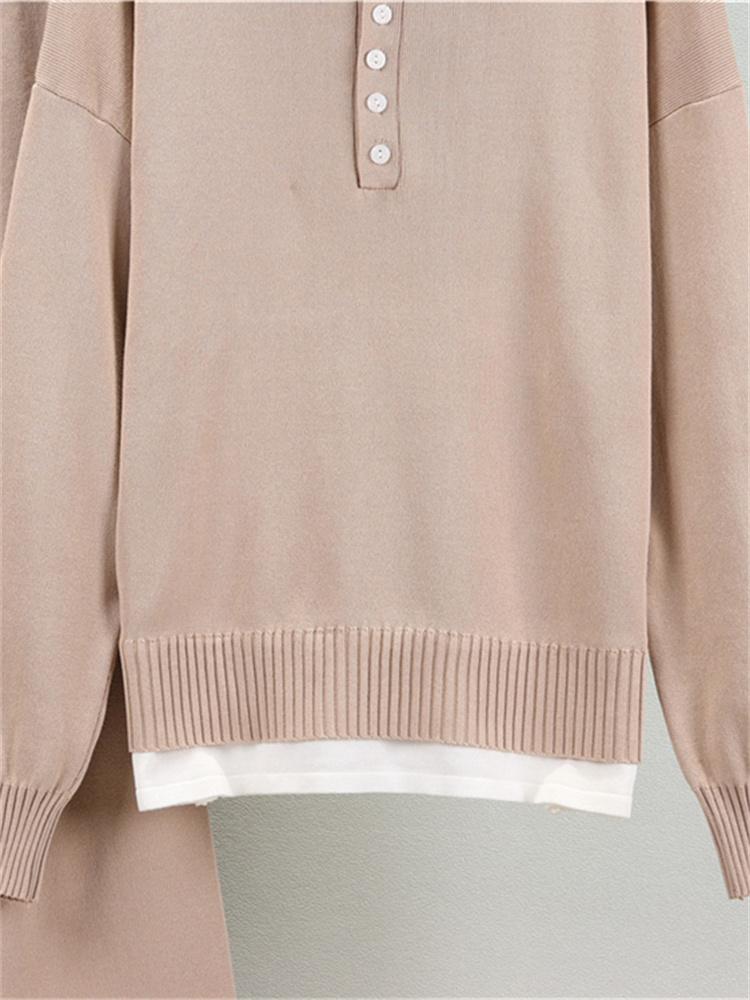 Женский осенний свободный комплект свитера в стиле маленького аромата из двух частей с имитацией двухслойности и вязаными брюками широкого кроя