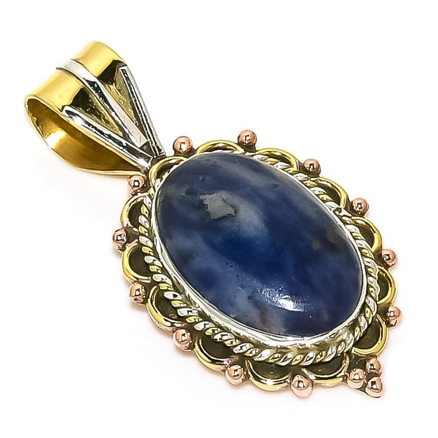 Natural Sodalite Gemstone Two Tone 925 Solid Sterling Silver Pendant 1.50" f7D03