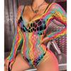 Sexy Bodysuits Rainbow Hollow Out Long Sleeves Fishnet Women Perspective Transparent Beachwear Bikini Cover Up Rave Party CT008