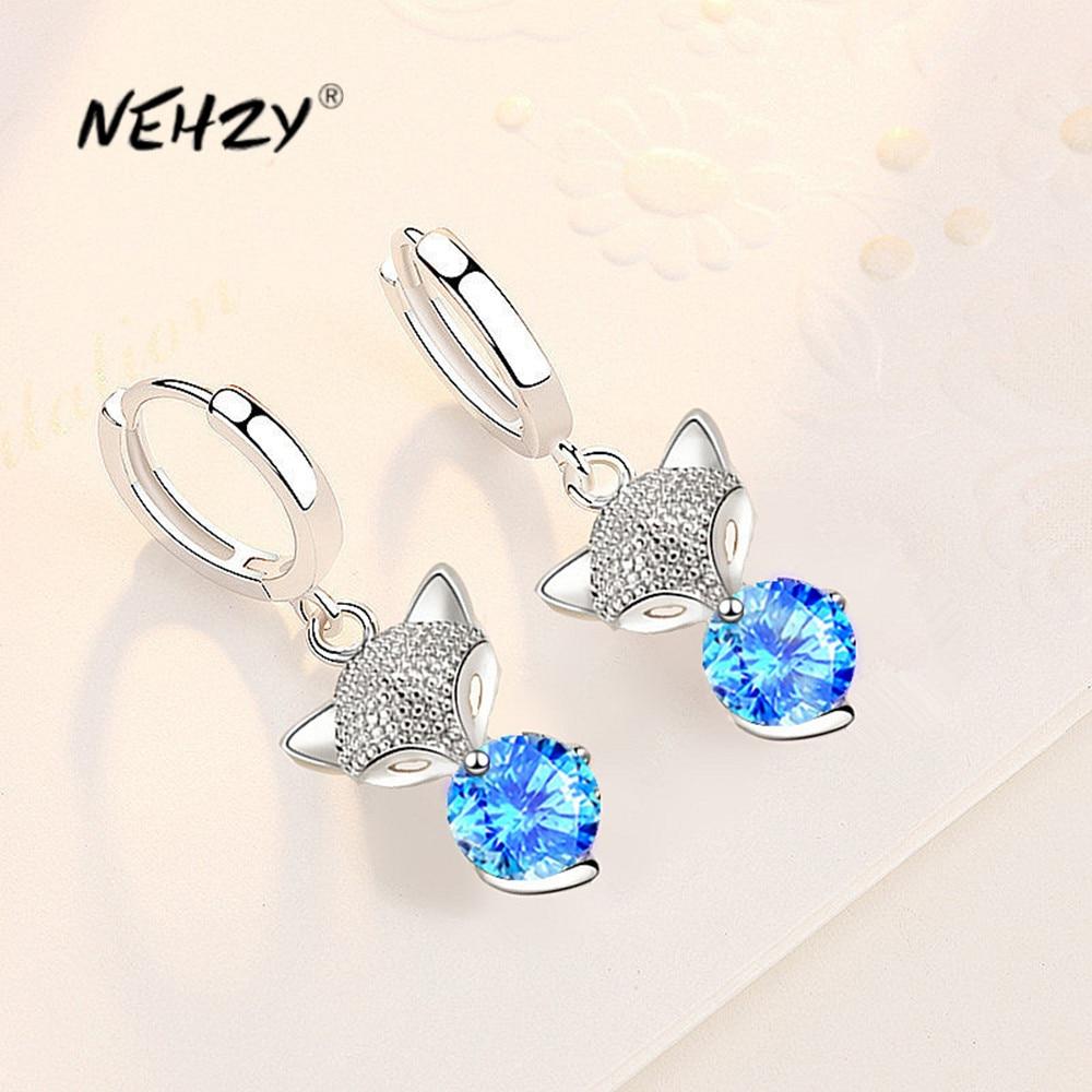 925 стерлингового серебра новые женские модные ювелирные изделия высокого качества лиса серьги-подвески синие розовые кристаллы циркония серьги