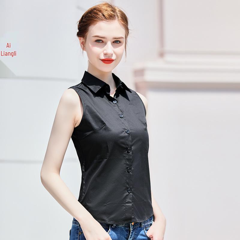 Women's White Sleeveless Slim Fit Korean-Style Blouse - Professional Summer Cotton Top