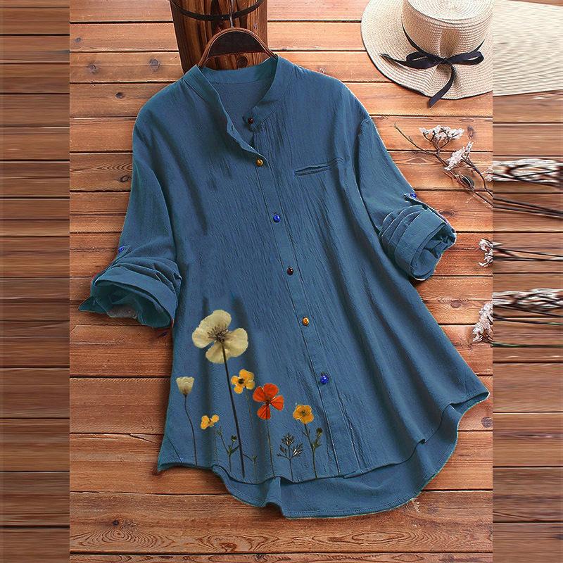Женская рубашка на пуговицах с круглым вырезом, классическая модная рубашка с длинными рукавами и цветочным узором, офисная рабочая рубашка, блузка
