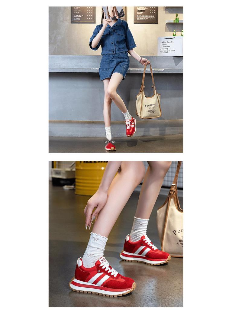 6cm Retro Sport Forrest Gump Women's Shoes - Autumn 2025 Red Ankara Leather Round Toe Color Block Casual Sneakers.