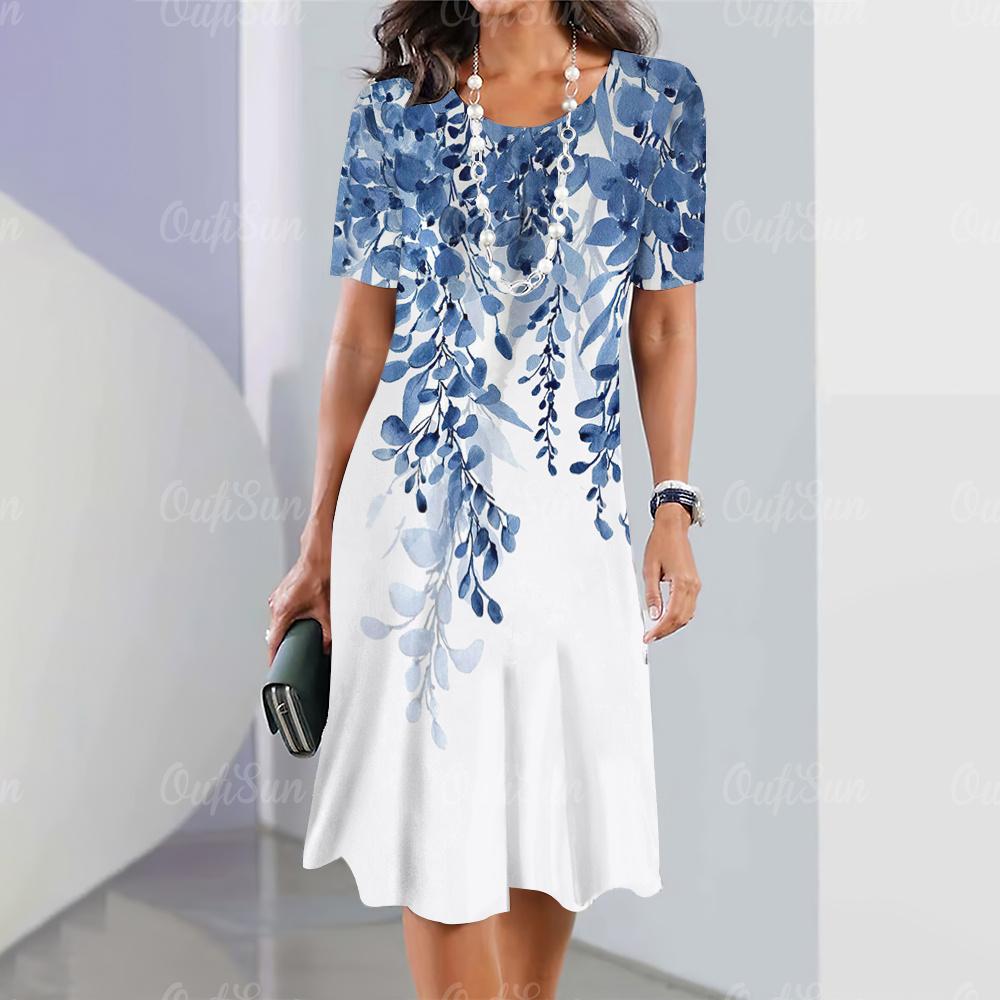 Элегантные женские платья, модные женские топы с короткими рукавами, повседневные женские свободные платья А-силуэта, пуловеры, простые цветы, одежда