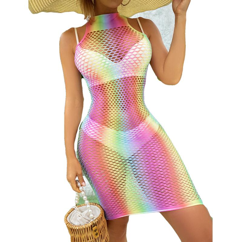 Sexy Women Sheer Mesh Bikini Cover Up Swimwear Swimsuit Bathing Suit See Through Crochet Rainbow Fishnet Beachwear Dress CT014