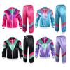 Womens 80s Retro Satin Tracksuit Color Block Jacket Drawstring Sweatpants