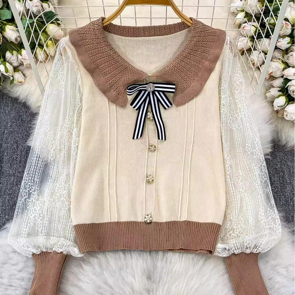 Нежный и Молодежный Стиль Светской Львицы с Бантом и Детским Воротничком Вязаный Свитер для Женщин на Осень и Зиму, с Лоскутным Кружевным Верхом