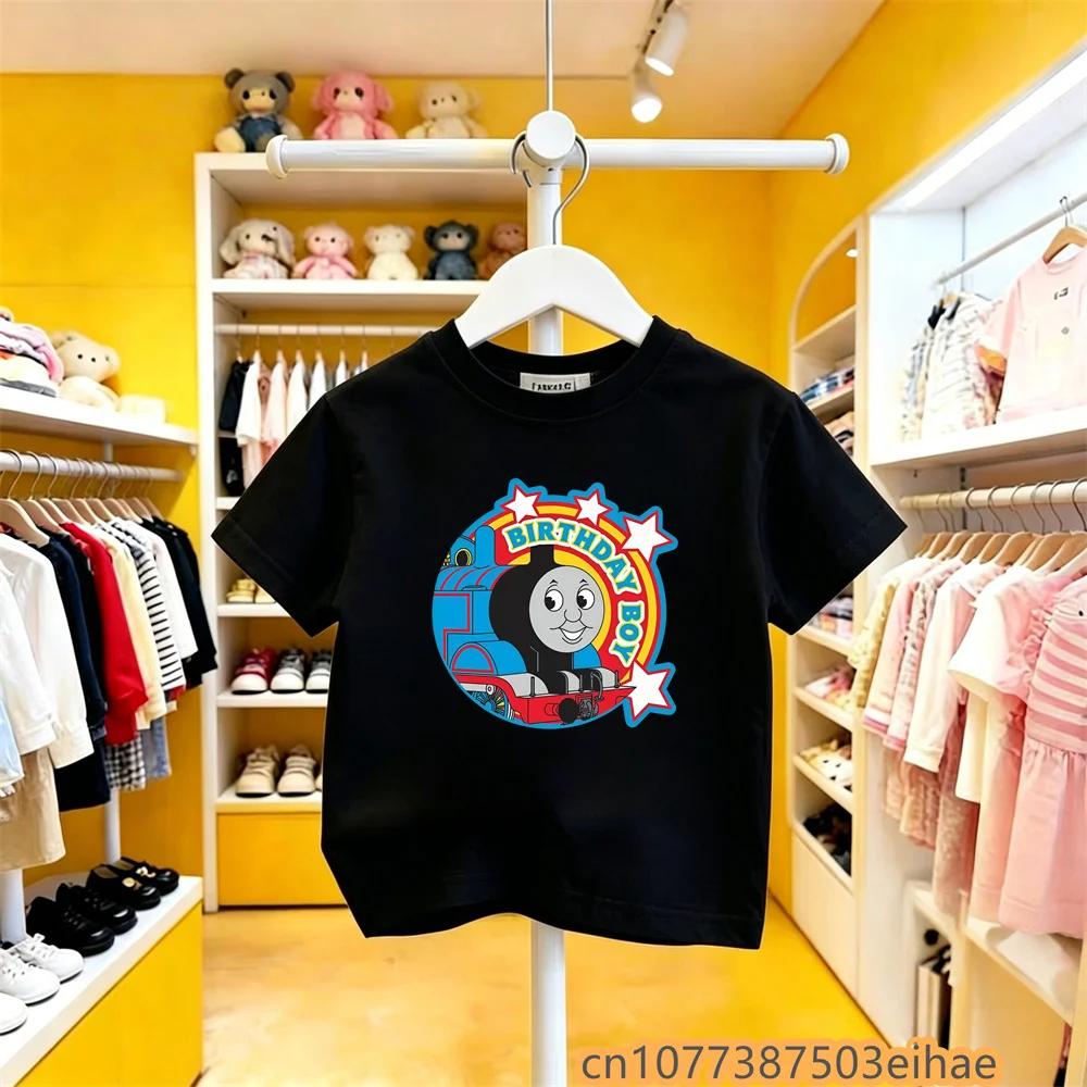Pure Cotton Summer Tee Thomas Train Cartoon Design Children Short Sleeve Y2K Cute Fun Wear for Little Boys Girls All Day Use