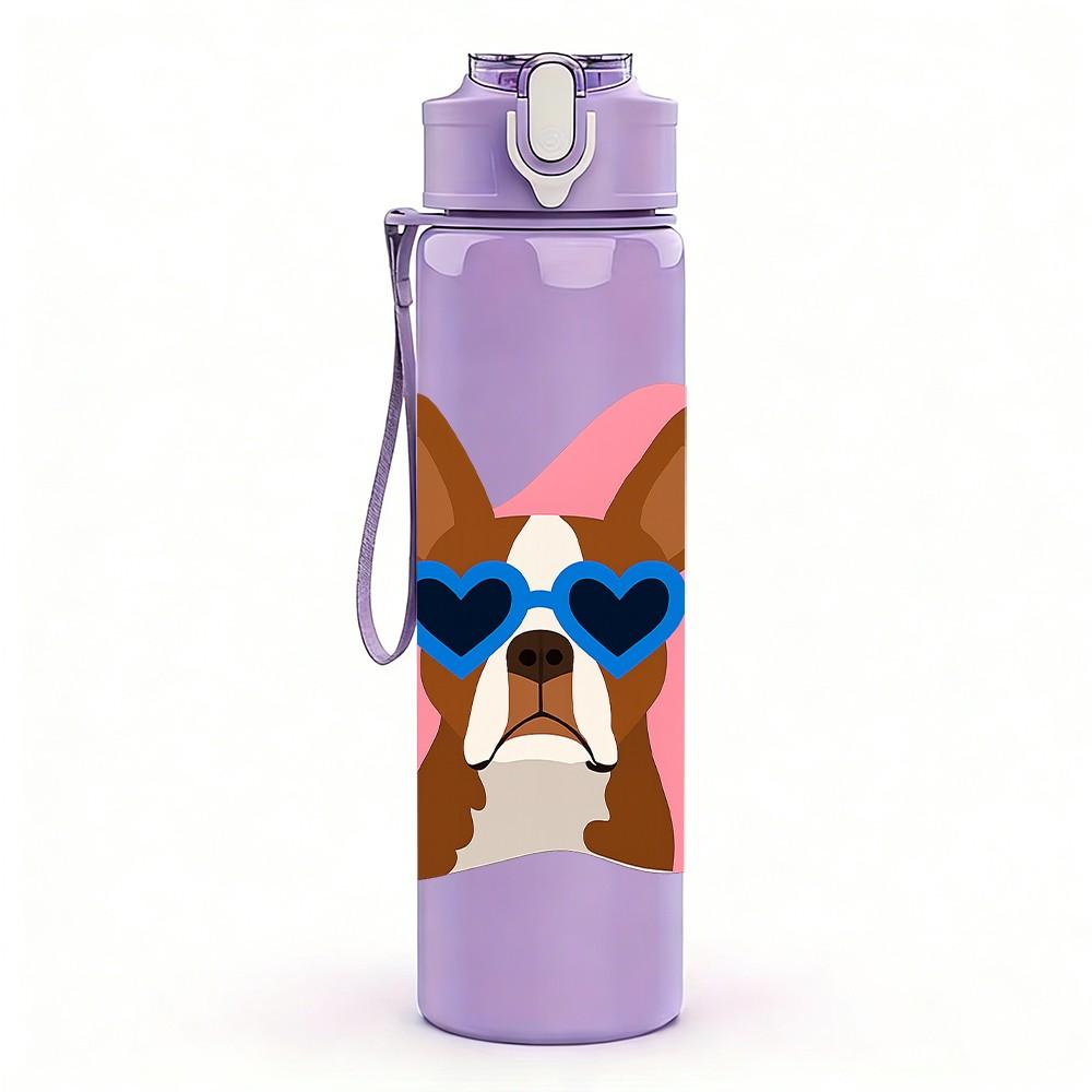 1PC French Bulldog Glasses Cool 750ml Color Plastic Sports Water Bottle Leakproof Flip Straw Lid Suitable for Sports Office Home Use