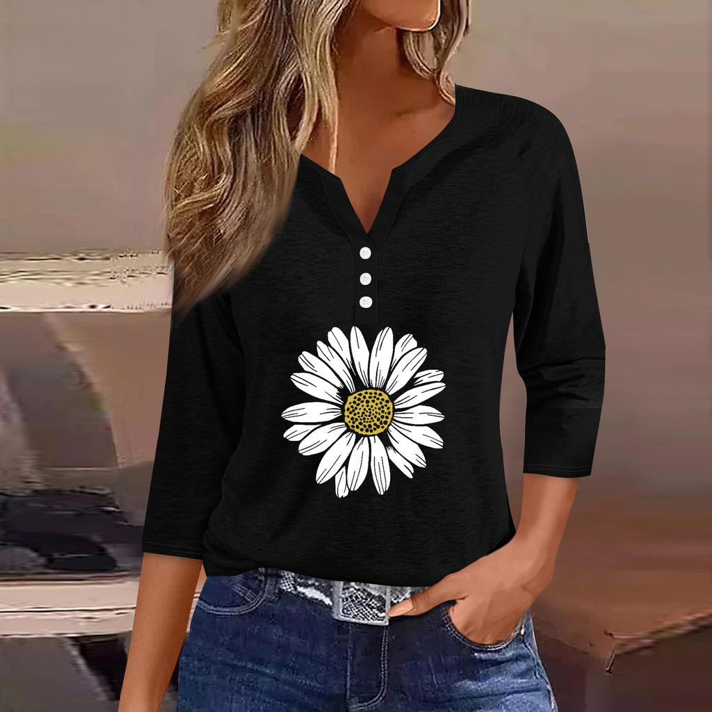 Жен. Футболка Футболка С принтом Пуговицы Рукав 3/4 Повседневные Выходные Мода Классический Классический V-образный вырез Обычный Верх