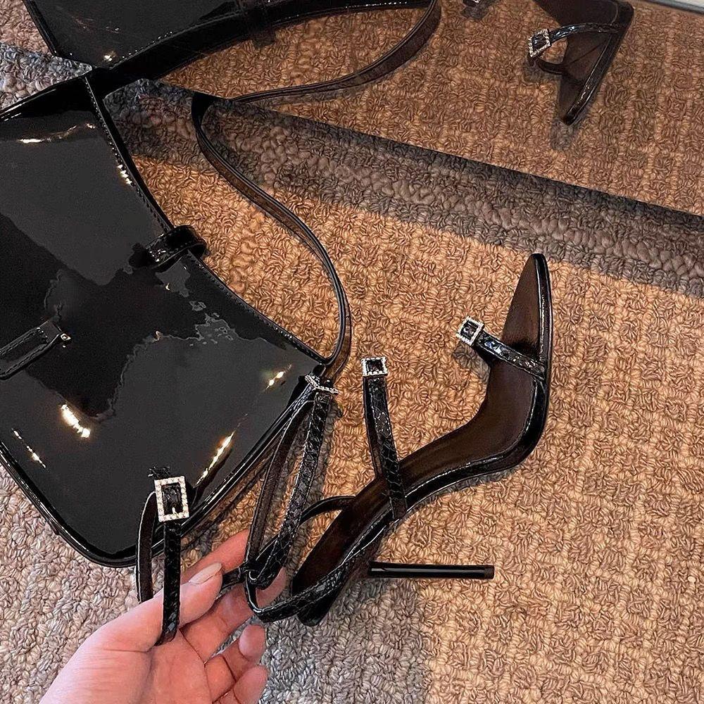 Haute couture 2025 spring and summer new temperament rhinestone square buckle super high heel sandals women's sexy side space thin heel open-toed w