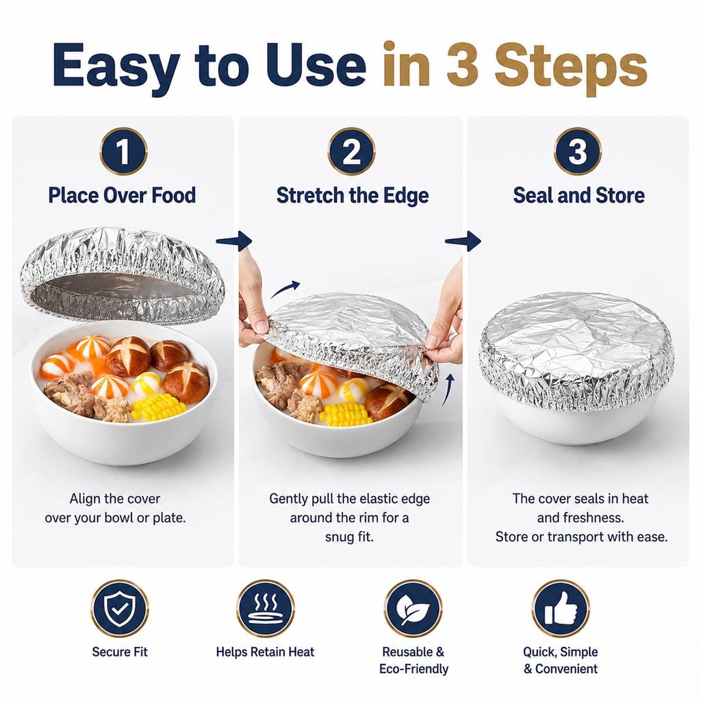 Reusable Aluminum Foil Food Covers 30 Pack - Stretchable Edges for Bowls, Plates and Food Containers, Heat Retention Temperature Range -60° to 140°