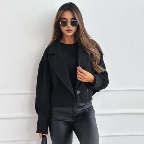 Women Fall Winter Coat Short Type Turn-down Collar Solid Color Loose Button Closure Cardigan OL Commuting Jacket Lady Daily Outwear