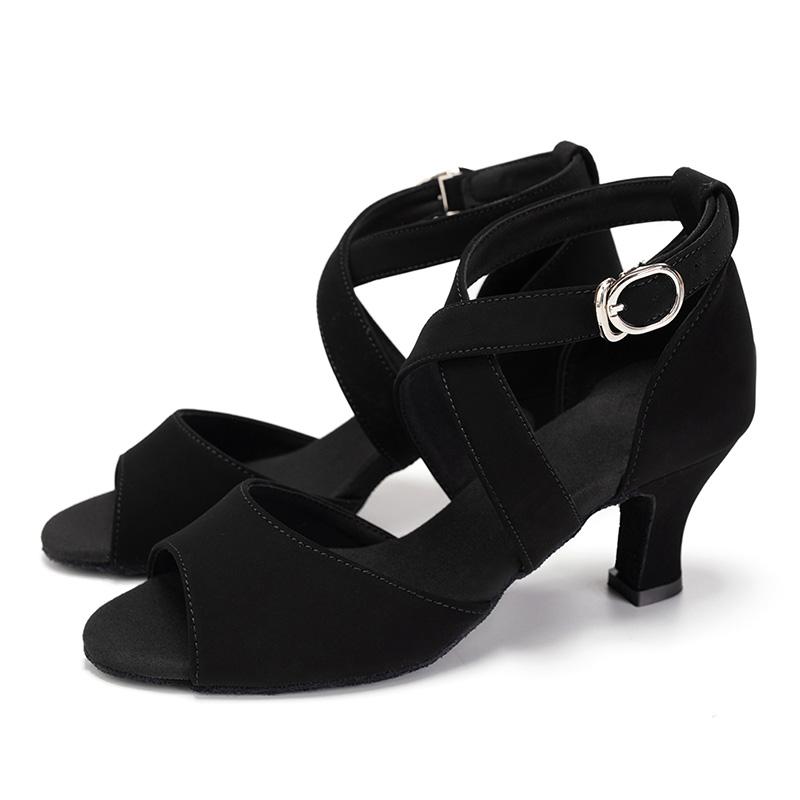 Black Leather Women Girls Latin Dance Shoes Cross Strap Salsa Tango Ballroom Dancing Shoes Heel 6.5cm Indoor