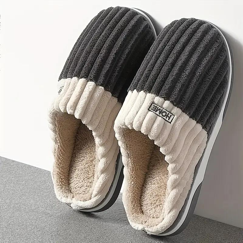 Home Cotton Slippers Women Winter Large Size Striped Plush Slippers Men Indoor Home Warm Cotton Slippers Men