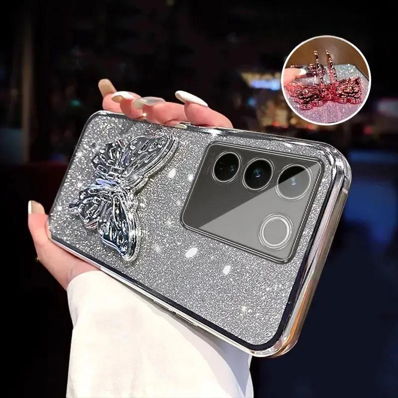 3D Butterfly Phone Holder Crystal Bracelet Glitter Plating Case for Samsung Galaxy A14 A24 A34 A54 A15 A25 A35 A55 4G 5G Cover