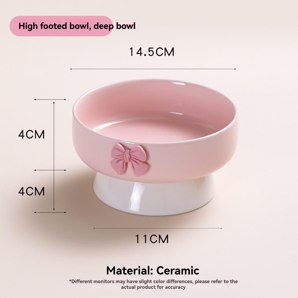 Cute Bow High-Footed Ceramic Cat Bowl, Elevated Pet Food Bowl for Anti-Vomiting, Multiple Colors Available