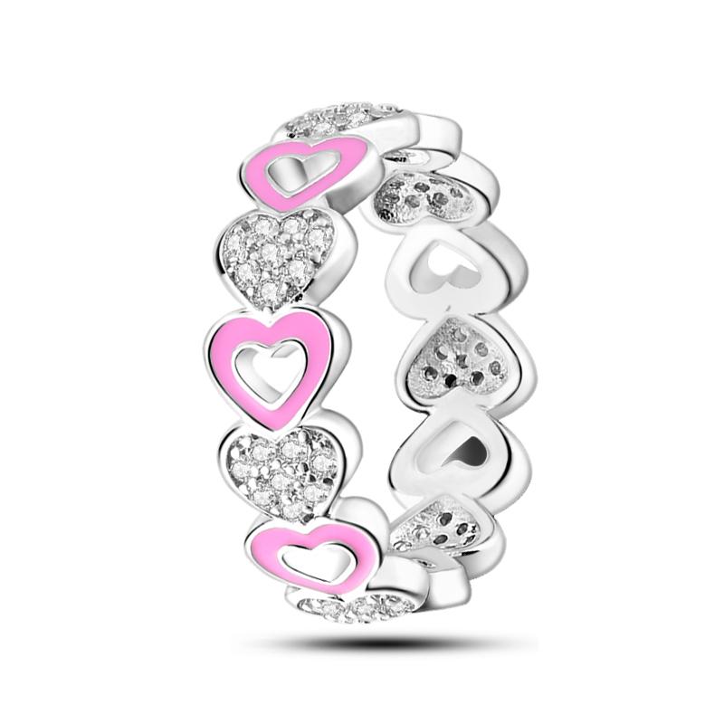 Charms Spring 925 Silver Color Rings Pink Heart Shaped Zircon Cat Rings for Woman Fine Romantic Wedding Engagement Jewelry Gifts